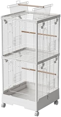 40 Inch Medium Small Bird Double Cage for Parrot Lovebirds Finches Canaries Parakeets Cockatiels Budgie Parrotlet Conures, w/Detachable Standing Perches, Snow White