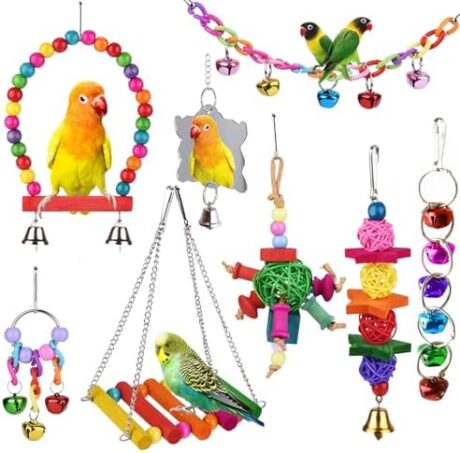 8 Pcs Parakeet Cockatiel Bird Toys, Parrots Cage Accessories Swing Wooden Perch Chewing Toy for Budgerigar, Conures, Love Birds, Finches, Budgies