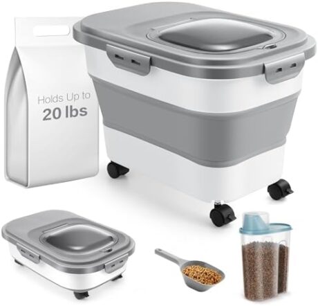 ANVS Airtight Collapsible Pet Food Container With Casters, Scoop and Small Container - Keeps Up To 20lbs Dry Dog Food Fresh (Grey)
