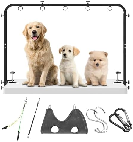 Adjustable Dog Grooming Arm for Table: 42'' Height, 27''–39'' Width, Clamp Fits Up to 2.76'', with Hammock & 2 Nooses – Portable Pet Grooming Station for Nail Trimming, Cats & Dogs at Home