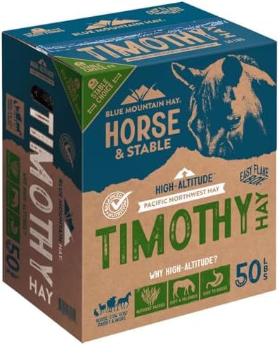 Blue Mountain Hay High-Altitude Timothy Hay, 50lb Easy Flake Box - Balanced Nutrition & High Fiber for Healthy Digestion and Weight - Ideal for Horses, Goats, Rabbits, Guinea Pigs & Other Small Pets