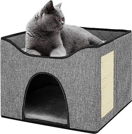 Cat Beds for Indoor Cats, Large Cat House for Pet Cave Bed with Scratch Pad, Foldable Cat Cube Condo with Reversible Cushion, Hideaway Cat Bed for Multi Small Pet Under 20 lbs, Grey