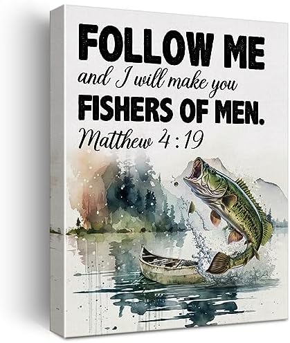 Christian Bible Verse Wall Art Canvas Painting Print Framed Matthew 4:19 Scriptures Canvas Watercolor Fish Poster Sign for Home Decor (12x15 Inch), Fishing Lover Gifts