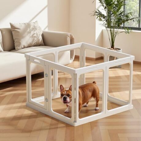 Clear Acrylic Dog Playpen - 50 x 30.4 Inch, 24" H 10 Planes Transparent Dog Fence Indoor, Sturdy Pet Pen for Puppy/Small Dog/Rabbit/Pig, Easy Assemble & Cleaning Plastic Whelping Box Enclosure, White