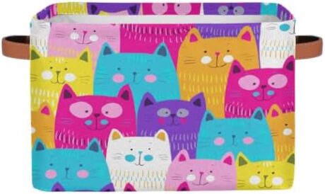 Cute Cats Colorful Storage Bins Cubes Collapsible Fabric Storage Baskets Toy Organizer with Handles for Book Office Shelf Shelves