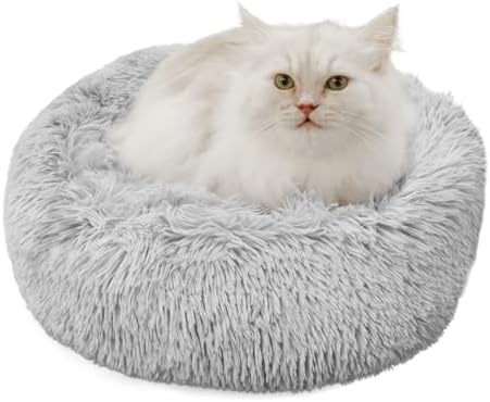 Dog Bed, Cat Beds for Indoor Cats, Fluffy Round Pet Bed Non-Slip, Calming Cozy Small Dog Bed cat Bed Small Kitten, 15 inches Cat Bed Machine Washable, (Light Grey)