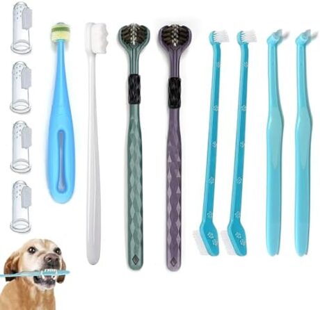 Dog Toothbrush, 360 Degree Finger Toothbrush, Triple Head Toothbrushes,Cleaning Brushes for Dog Cat Oral Dental Health (12 Kit)