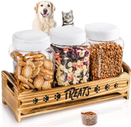 Dog Treats Container with 3 Plastic Jars, Dog Food Storage Canister with Wooden Stand, Airtight Pet Treat Holder for Dogs and Cats, Dog Snacks Treat Organizer with Scoop for Kitchen Counter