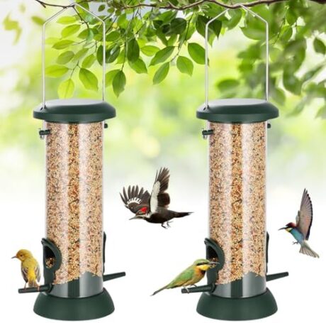FEED GARDEN 2 Pack Tube Bird Feeders for Outdoors Hanging, Premium Hard Plastic Wild Bird Feeders with 2 Ports, Small Bird Feeder Easy-Refill&Clean, Gifts for Mom Woman, 8.5 Inch Green