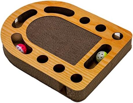 Furhaven Scratching Pad Ball Track Cat Toy w/ Catnip for Indoor Cats - Archway Busy Box Scratcher - Tan, One Size