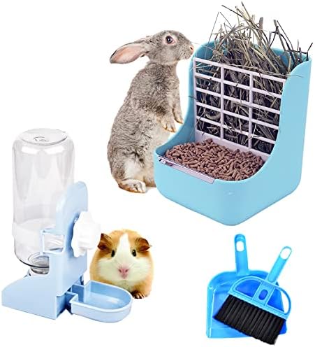 HERCOCCI PET Feeder and Water Bottle Set, Large Blue (500ml), Durable Hay Food Bin Feeder, Food Bowl, Gravity-Fed Water Dispenser for Rabbit, Guinea Pig, Chinchilla