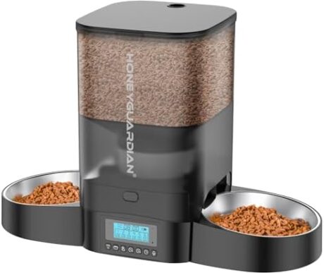 HoneyGuaridan Automatic Cat Feeder for Two Cats, Food Dispenser with Stainless Steel Bowl,Timed Cat Feeder Programmable 1-6 Meals Control, Dual Power Supply,10s Meal Call Black