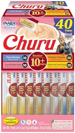 INABA Churu for Senior 10+, Creamy Lickable Cat Treats with Taurine, Vitamin E & C, 0.5 Ounces Each, 40 Tubes, Tuna & Chicken Variety