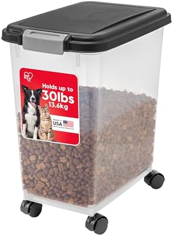 IRIS USA Airtight Pet Food Storage Container with Wheels, Black, 30 lb Capacity - BPA-Free Clear Plastic Bin with Snap-Lid Seal to Keep Kibble, Pellets or Seeds Fresh for Dogs, Cats and Birds