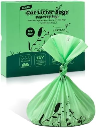 KONE Biodegradable Disposable Cat Litter Sacks, 120 Count Cat Poop Bags, Leak-Proof, Disposable Cat Waste Bags, Extra Large Fit Any Litter Scoops, Green