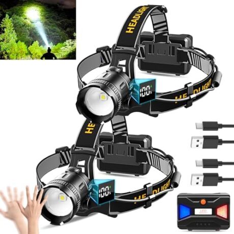 LED Headlamp with Motion Sensor Super Bright, 3 Lighting Modes, Digital Display, Rechargeable, Waterproof Head Lamp, 90° Adjustable for Camping, Hiking, Fishing, Running Outdoor (2)
