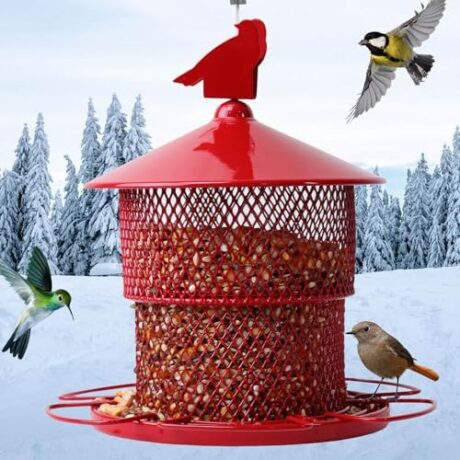 Metal Bird Feeder for Outside Hanging, Bird Feeders Squirrel Proof, 4 Lbs Large Capacity Tube Iron Mesh Wild Birdfeeder for Outdoor Finch Cardinal Chickadees -Red