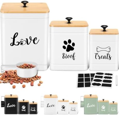 Metal Dog Treat Containers Set of 3 with Bamboo Lids and Spoon Airtight 7+3+2 lbs Dog Food Snack Jars with DIY Labels Big Pet Cookie Storage Jar for Kitchen Counter(White,Modern)