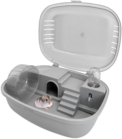 PINVNBY Hamster Cage Transparent Small Animal Cage with Exercise Wheel Water Bottle Multi-Function Hamster Habitat for Dwarf Hamster Gerbil Guinea Pig Mice (Gray, 14" x 11" x 8")