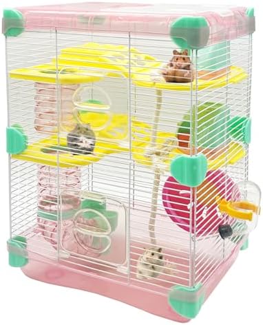 PINVNBY Portable Dwarf Hamster Cage 3 Layers Dwarf Hamster Habitat Small Animal Critter Enclosure with Kettle Exercise Wheel Travel Cage for Dwarf Hamsters Gerbils (Pink)