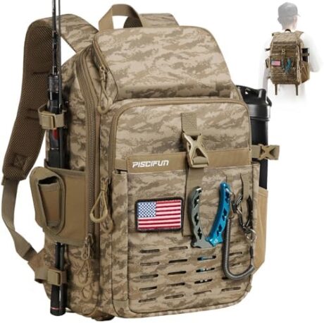 Piscifun Fishing Tackle Backpack with Rod & Gear Holder, Lightweight Fishing Tackle Storage Bag with Protective Rain Cover