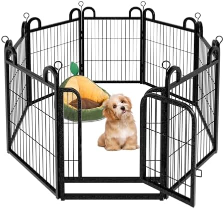 Puppy Playpen 8 Piece Panels Small Dog Fence Outdoor Indoor Use 24" Height Anti-Rust with Doors Portable Dog Play Pen for RV Camping Yard, Total 15FT, 17 Sq.ft, Snowy Black