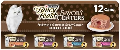 Purina Fancy Feast Savory Centers Wet Cat Food Pate Variety Pack With Chicken, Salmon, Beef, and Tuna Pate with Gravy Center - (2 Packs of 12) 3 oz. Pull-Top Cans