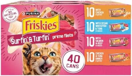 Purina Friskies Gravy Wet Cat Food Variety Pack, Surfin’ and Turfin’ Prime Filets Favorites - (Pack of 40) 5.5 oz. Cans