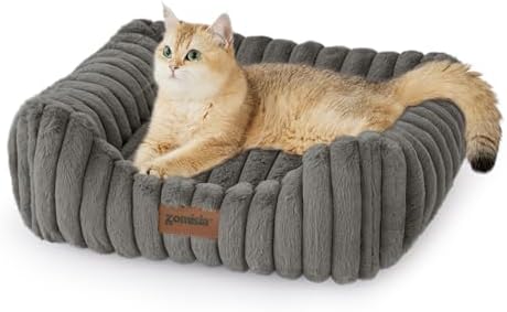 Small Dog Beds for Small Dogs - Washable Cat Beds for Indoor Cats, Rectangle Orthopedic Puppy Bed with Fluffy Removable Cover, 20x19x7inches, Grey