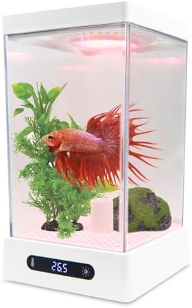 Smart Small Fish Tank Mini Aquarium with RGB Colors Light for Betta Fish Starter Kit, Adjustable Temperature and Brightness, Desktop Fish Tank for Room Decor, Smart Control with Apps