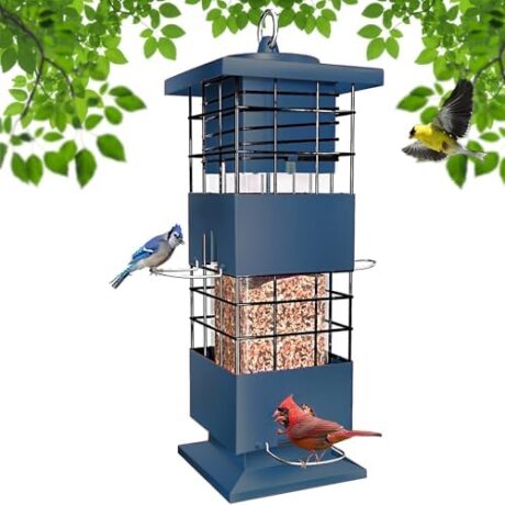 Squirrel Proof Bird Feeder, Metal Bird Feeders for Outdoors Hanging,Squirrel Proof Wild Birds Seed Feeders for Finch Cardinal (Blue, 3Lb)