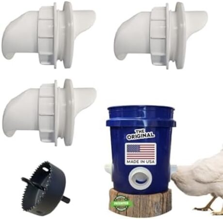 The Original Poultry Pro DIY Chicken Feeder | 3 Ports Poultry Feeders for Chicken Coop | Use for Buckets & Bins | Rain Proof, Weather Resistant - Original Feeder 3-Pack with Hole Saw