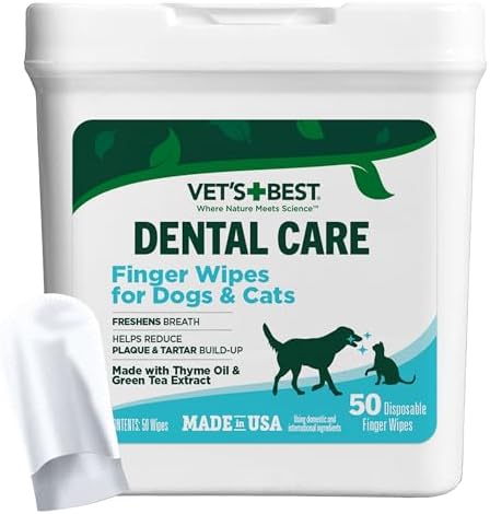 Vet's Best Finger Dental Wipes for Dogs and Cats – Oral Care Wipes for Teeth Cleaning, Fresh Breath, and Tartar Control – Gentle Finger Pads for Pet Dental Hygiene and Plaque Removal – 50 Count