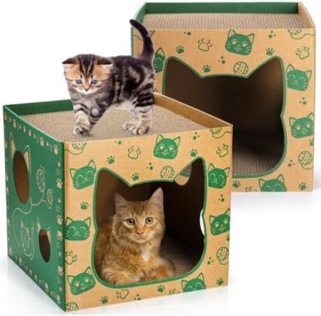2 Pack Cardboard Cat Houses, Cat Play House with 2 PCS Scratching Pad, Corrugated Kitten Hideaway Cave, Cute Cats Condos Box, Cat Scratching Toy, Scratcher Bed for Indoor Cats, Kittens, Bunny