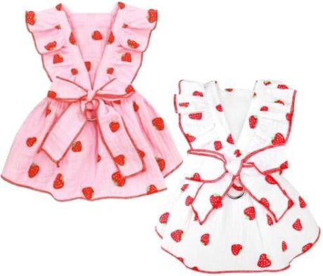 2 Pack Strawberry Dog Dresses with D-Ring Summer Puppy Clothes for Small Dog Girl Spring Cat Outfit Cotton Sleeveless Pet Dress for Kitten Chihuahua Pomeranian Yorkie (Pink White, Large)