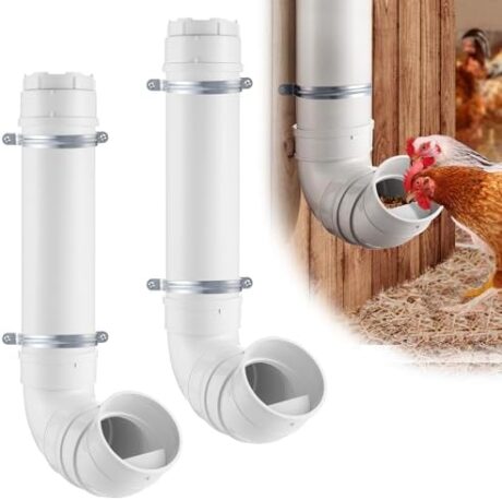 2 Set Automatic Chicken Feeder No Waste - 13 Pounds Large Capacity Heavy Duty PVC Pipe Hanging Chicken Feeder, Poultry Gravity Feed Port for Chicken Long Feeding