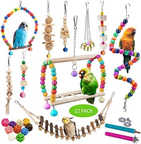 22 Packs Bird Parakeet Cockatiel Toys,Parrot Swing Chewing Hanging Toy with Safe Bells,Bird cage Colorful Climbing Standing Rope Natural Wood Ladder Bungee Toys