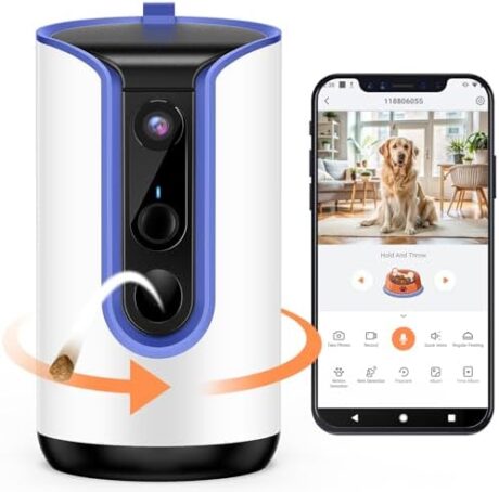 2K Pet Camera Security Dogs Camera, On-Device AI Tracking and Pet Monitoring, 360° View, with Treat Dispenser, Local Storage, 2-Way Audio, Phone App, Motion Only Alert, Blue