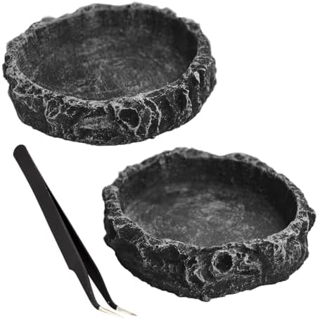 2PCS Reptile Water Dish Food Bowl Set Reptile Feeder Food and Water Dish with Feeding Tweezers Tong for Leopard Gecko Lizard Frog Snake Chameleon Tortoise(Style 1)