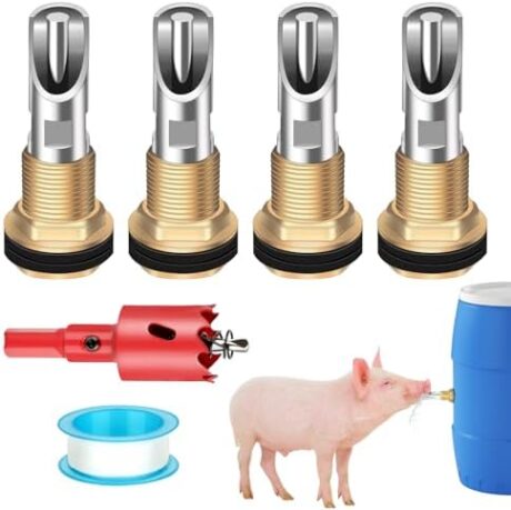 4 Pcs Pig Waterer Nipples for Barrel Kit, Stainless Steel Hog Waterer Nipples Automatic Pig Nipple Water Drinker Feeder Water System with Brass Tank Connector Kit for Piglets Goat