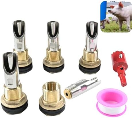 5 Piece Pig Waterer Nipples for Bucket Kit Pig Nipple Drinker with Filter, with Brass Tank Connector and 1 Piece Opener, 1/2 NPT Pig Nipple Drinker for Piggy, Goat, Piglet Drinker