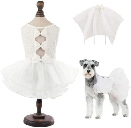 ASENKU Dog Dress, Dog Wedding Dress, Pet Lace Princess Dress with Bows for Wedding Birthday Party, Puppy Formal Apparel with Pearl Necklace for Small Dogs (White, Small)