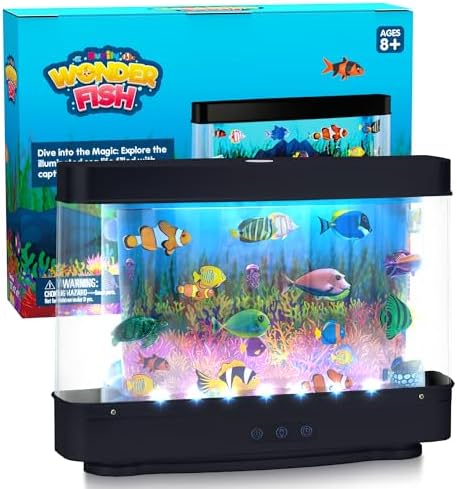 Artificial Fish Tank Virtual Ocean Toy with 2H or 6H Timer, Dimmable Lights, Mini Desk Decor, Colorful Aquarium, Motion Lamp Night Light for Kids with Moving Fish