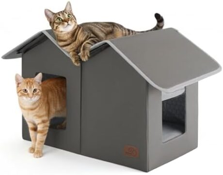 Bedsure Weatherproof Outdoor Cat House - Extra Wide Insulated Feral Cat Shelter with Raised Base in Winter, Waterproof Outside Pet Hideout for Stray Kitty, 22.5x12.5x13.25inches, Grey