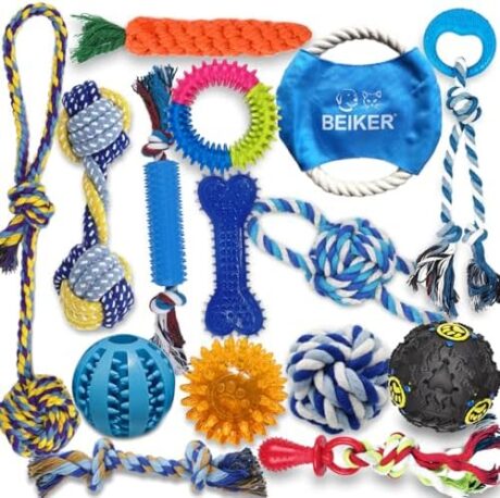Beiker Dog Teething Chew Toys - 15 Pack Small Medium Breed Puppy Toy, Variety Dogs Rope Chew Toys Bundle for Boredom, Pet Interactive Squeaky Treat Dispensing Ball for Puppies