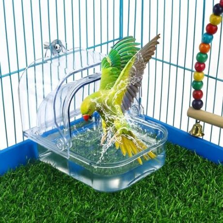 Bird Bath for Cage, Clear Birds Bathtub with Hanging Hooks, Upgraded Bird Bath Box for Cage Accessory Small Birds Parrots Cockatiel Budgies Shower Food Feeder Holder (Large)