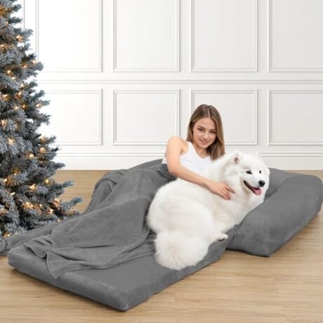 COMAX Foldable Human Dog Bed for Adult, 71"x43"x10" Extra Large Orthopedic Dog Bed with Egg Foam Supportive Mat and Waterproof, Washable Luxury Cover, Dark Grey