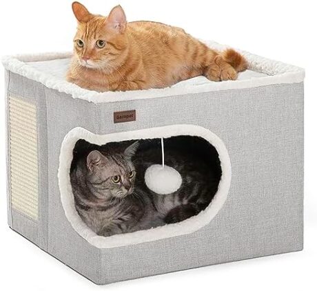 Cat Bed for Indoor Cats Cube House, Covered Cat Cave Beds & Furniture with Scratch Pad and Hideaway Tent, Cute Modern Cat Condo for Multi Small Pet Large Kitten Kitty, Grey
