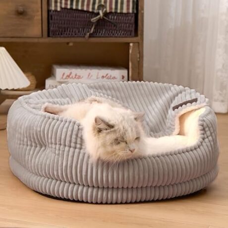 Cat Beds for Indoor Cats,with Soft Hooded Blanket.Comfortable Cute cat Bed,Removable Inner pad Washable with Non-Slip Bottom,Cozy Kitten、Small Dog Bed (Grey)