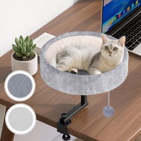 Cat Desk Bed - 360° Rotating & Adjustable, Supports 44 lbs, Soft Faux Fur with Dual-Sided Reversible Mat, Modern Indoor Cat Nest Furniture for Office Desks and Game Tables, Island Table